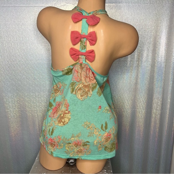 Rue 21 tank floral bows on back racer back turquoise blue pink cute stretchy - Picture 2 of 6